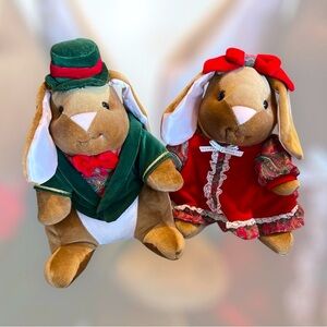 Vintage 1985 Velveteen Bunny Boy & Girl Pair Rabbit Ears Plush Stuffed Toys R Us
